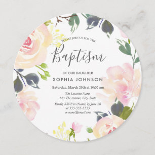 Blush Pink Watercolor Floral Baptism Christening Invitation