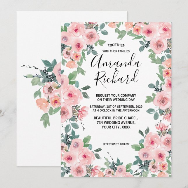 Blush Pink Watercolor Floral Beautiful Wedding Invitation (Front/Back)