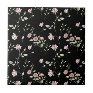 Blush Pink Watercolor Floral Black Ceramic Tile