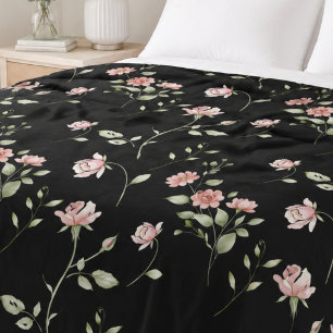 Blush Pink Watercolor Floral Black Fleece Blanket