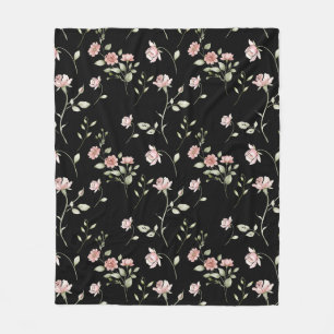 Blush Pink Watercolor Floral Black Fleece Blanket