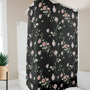 Blush Pink Watercolor Floral Black Shower Curtain