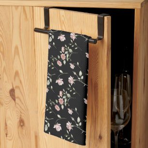 Blush Pink Watercolor Floral Black Tea Towel