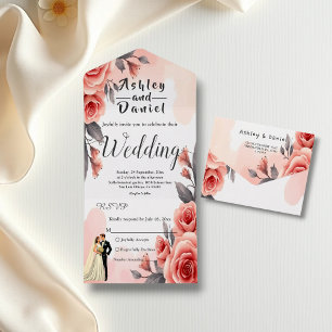 Blush Pink Watercolor Floral Bride & Groom Wedding All In One Invitation