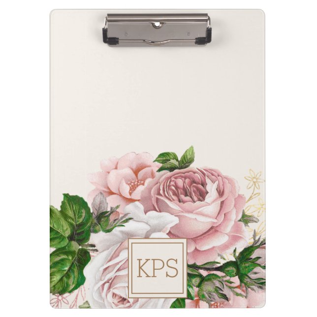 Blush Pink Watercolor Floral Cream Monogram Clipboard (Front)