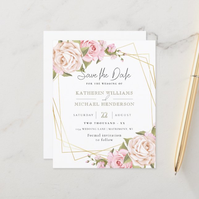 BLUSH PINK WATERCOLOR FLORAL GEOMETRIC SAVETHEDATE (Front/Back In Situ)