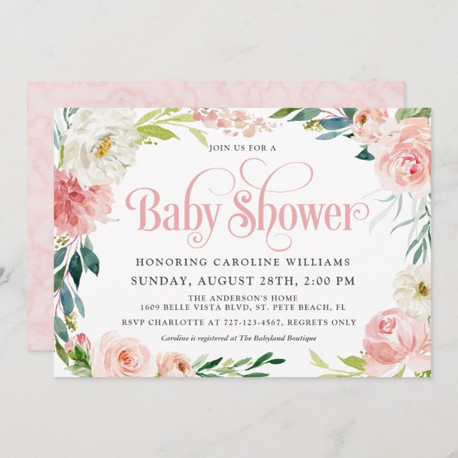 Blush Pink Watercolor Floral Girl Baby Shower Invitation (Front/Back)