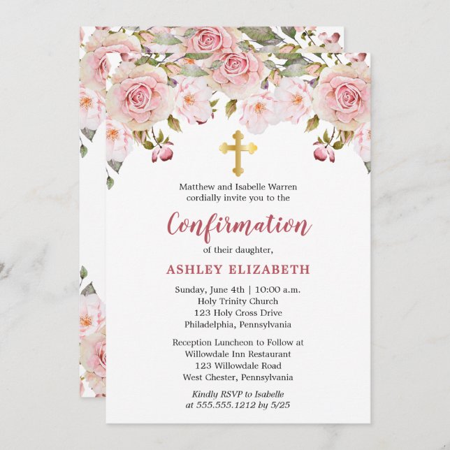Blush Pink Watercolor Floral Girl Confirmation  Invitation (Front/Back)