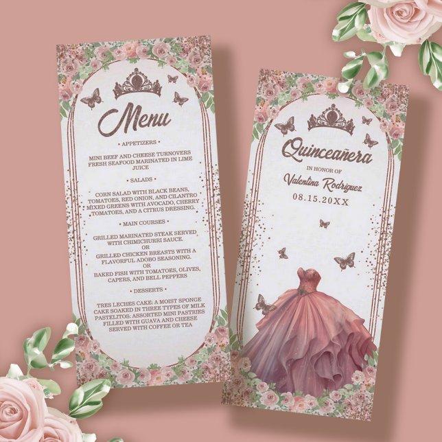 Blush Pink Watercolor Floral Glitter Quinceanera Menu (Elegant Rose Gold Glitter Floral Quinceanera Menu)