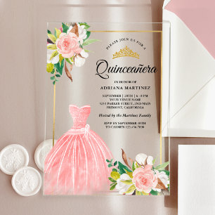 Blush Pink Watercolor Floral Gown Gold Quinceanera Acrylic Invitations