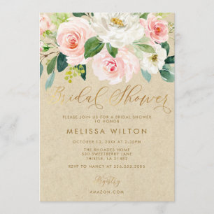 Blush Pink Watercolor Floral Kraft Bridal Shower Invitation