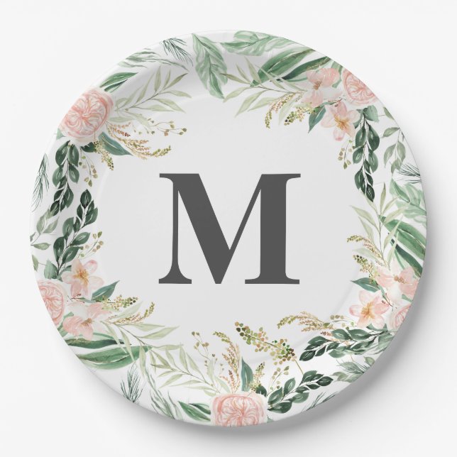 Blush pink watercolor floral monogram initial paper plate (Front)