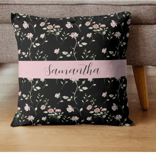 Blush Pink Watercolor Floral Name Black  Cushion
