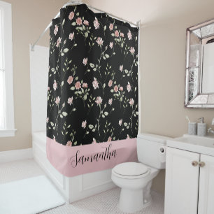 Blush Pink Watercolor Floral Name Black Shower Curtain
