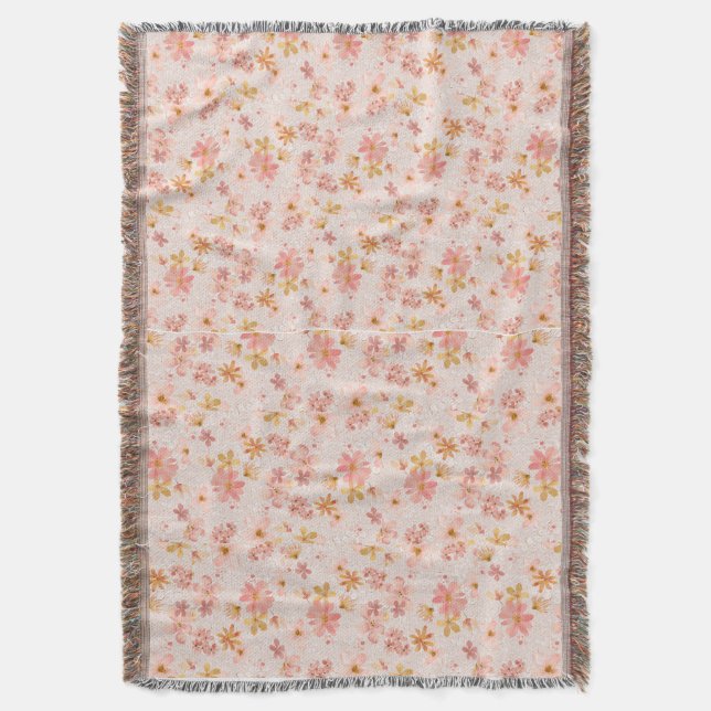 Blush Pink Watercolor Floral Pattern Throw Blanket (Front Vertical)