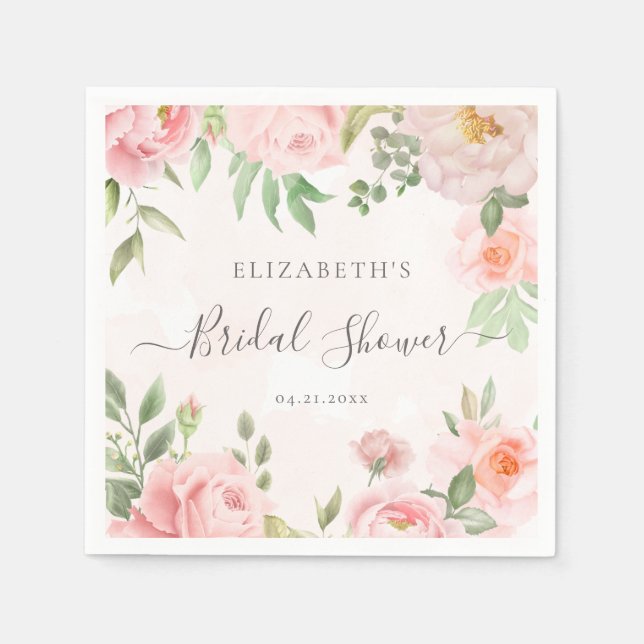 Blush Pink Watercolor Floral Peony Bridal Shower Napkin (Front)