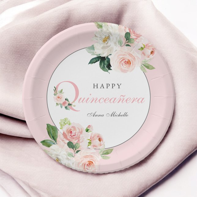 Blush Pink Watercolor Floral Quinceañera Birthday Paper Plate (Creator Uploaded)