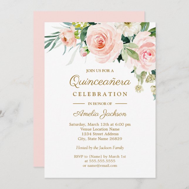 Blush Pink Watercolor Floral Quinceanera Invitation (Front/Back)
