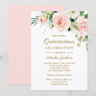 Blush Pink Watercolor Floral Quinceanera Invitation