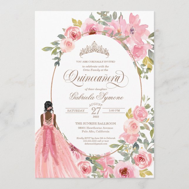 Blush Pink Watercolor Floral Quinceanera Invitation (Front)