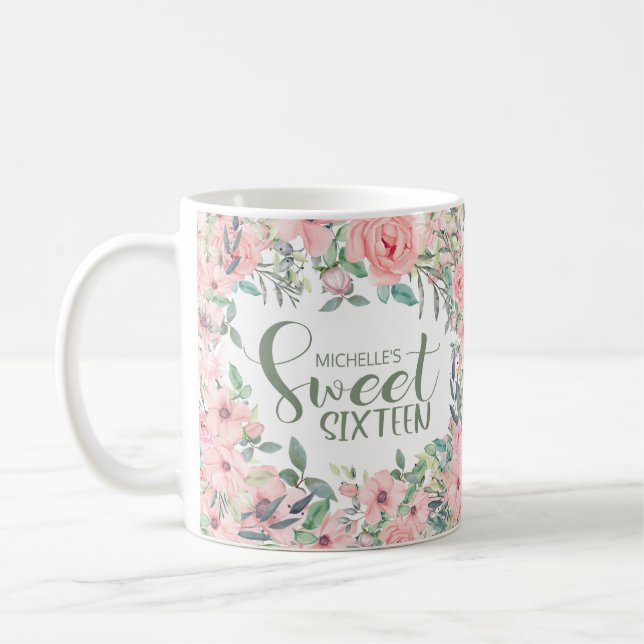 Blush Pink Watercolor Floral Sweet 16 Coffee Mug (Left)