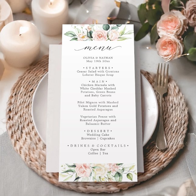 Blush Pink Watercolor Floral wedding Dinner Menu (Creator Uploaded)