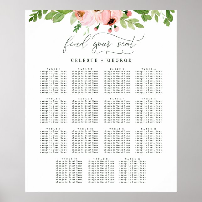 Blush pink watercolor floral wedding seating plan poster (Front)