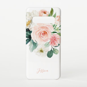 Blush Pink Watercolor Floral with Your Name Samsung Galaxy Case