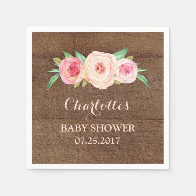 Blush Pink Watercolor Floral Wood Baby Shower Napkin (Front)