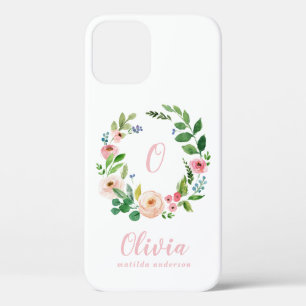Blush pink watercolor floral wreath monogram iPhone 12 case