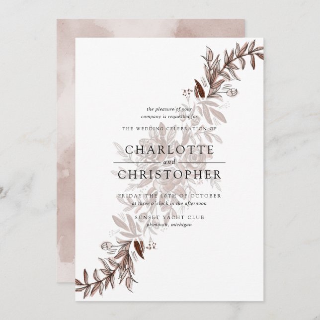 Blush pink watercolor flower arrangement wedding invitation (Front/Back)