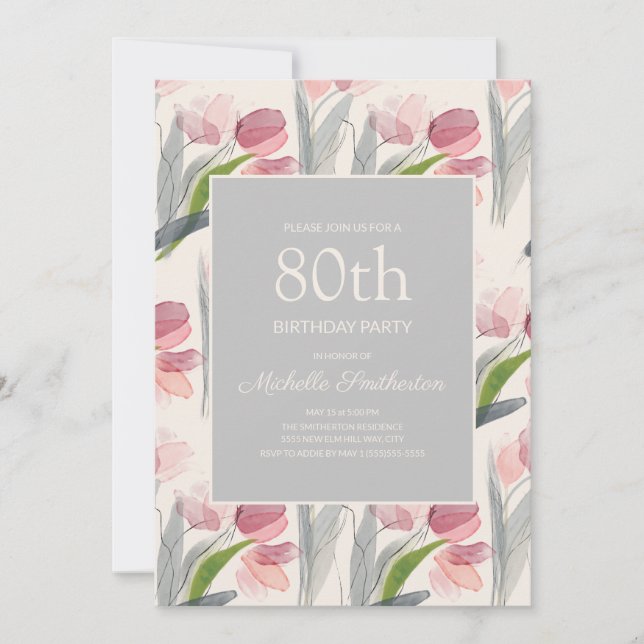 Blush Pink Watercolor Flower Tulips 80th Birthday Invitation (Front)