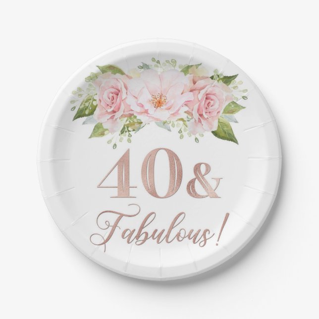Blush Pink Watercolor Flowers 40th Birthday Party Paper Plate (Front)