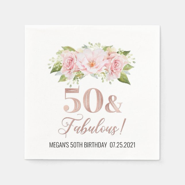 Blush Pink Watercolor Flowers 50 & Fabulous Napkin (Front)
