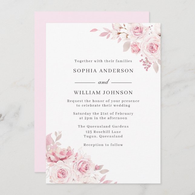 Blush Pink Watercolor Flowers All seasons Wedding Invitation (Front/Back)