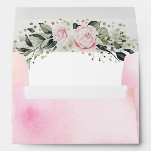 Blush Pink Watercolor Flowers and Gold Confetti Envelope