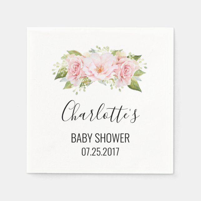 Blush Pink Watercolor Flowers Baby Shower Napkin (Front)