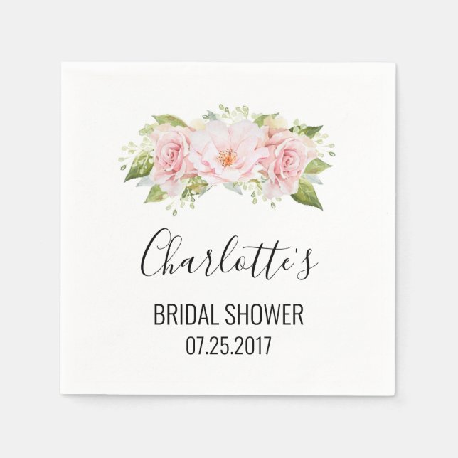 Blush Pink Watercolor Flowers Bridal Shower Napkin (Front)
