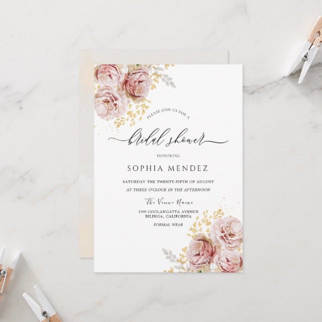 Blush Pink Watercolor Flowers Lovely Bridal Shower Invitation (Front/Back In Situ)