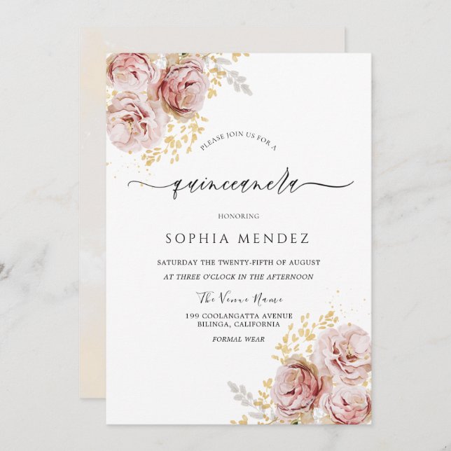Blush Pink Watercolor Flowers Lovely Quinceanera Invitation (Front/Back)