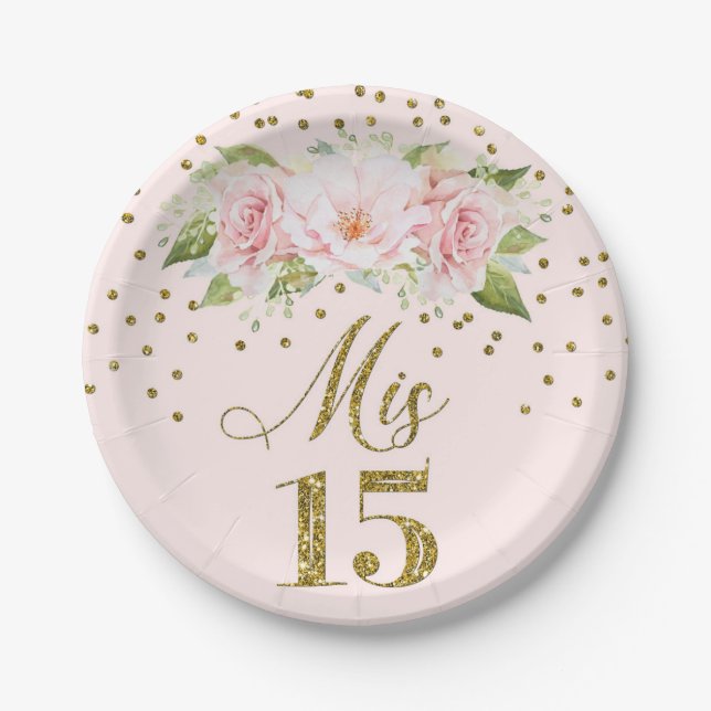 Blush Pink Watercolor Flowers Mis 15 Quinceanera Paper Plate (Front)