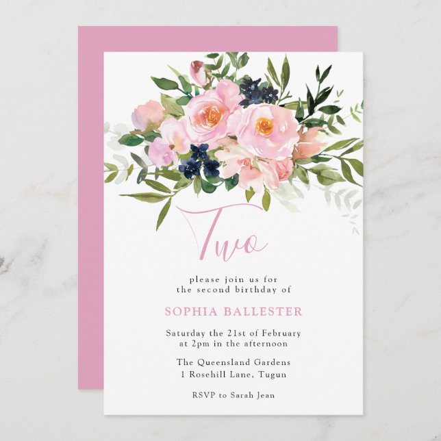 Blush Pink Watercolor Flowers & Navy 2nd Birthday Invitation (Front/Back)