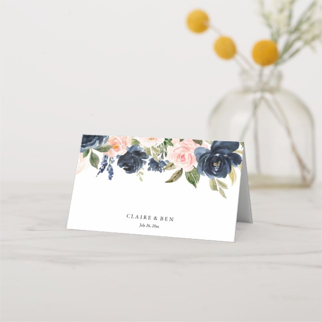 Blush Pink Watercolor Flowers Navy Wedding Place Card (Front)