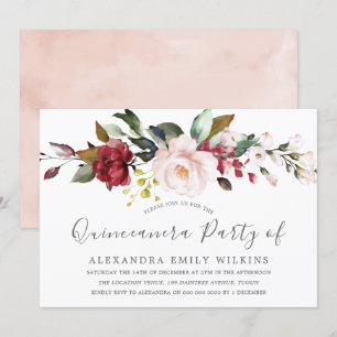 Blush Pink Watercolor Flowers Quinceanera Party Invitation