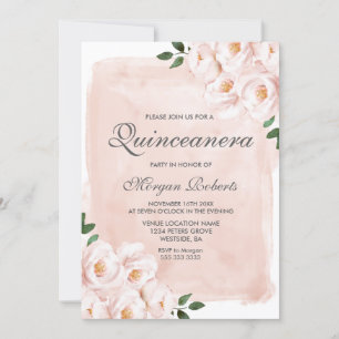 Blush Pink Watercolor Flowers Quinceanera Party Invitation