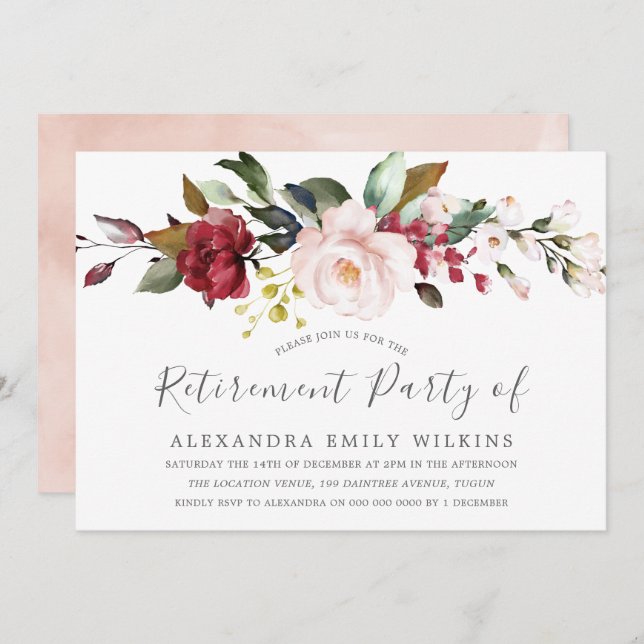 Blush Pink Watercolor Flowers Retirement Party Invitation (Front/Back)