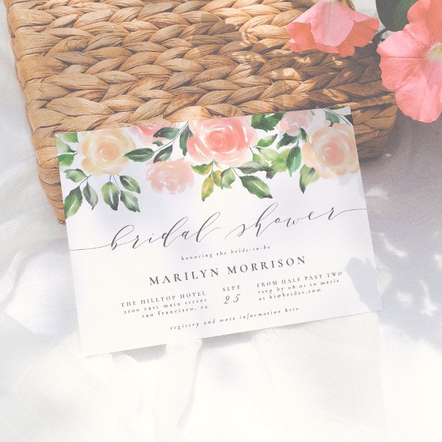 Blush Pink Watercolor Flowers Script Bridal Shower Invitation (Creator Uploaded)
