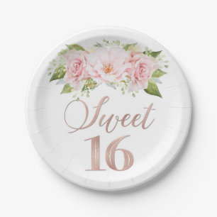 Blush Pink Watercolor Flowers Sweet 16 Birthday Paper Plate