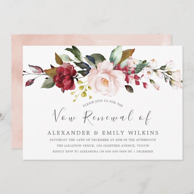 Blush Pink Watercolor Flowers Vow Renewal Invitation (Front/Back)