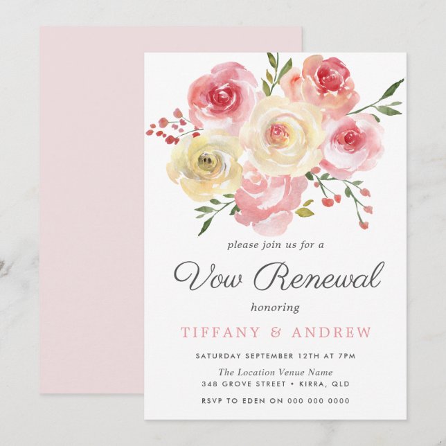 Blush Pink Watercolor Flowers Vow Renewal Invite (Front/Back)